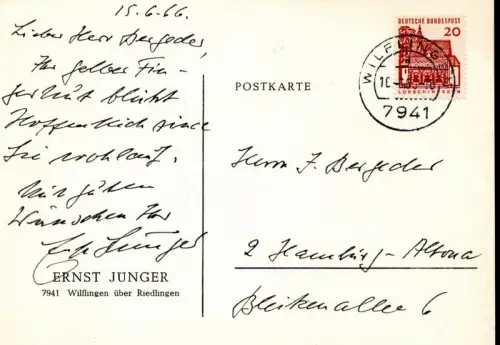 Eigenhänd. Grußzeilen mit Unterschrift. Datiert 15.6.66, Jünger, Ernst (1895-1998) Schriftsteller, Insektenkundler