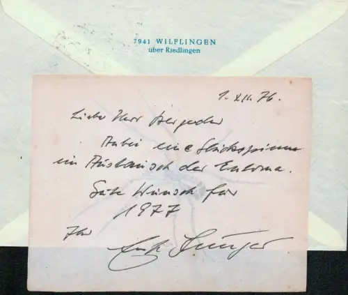 Jünger, Ernst (1895-1998) Schriftsteller, Insektenkundler: Eigenhändiger Neujahrsgruß mit Unterschrift. Datiert 1.XII.76. 
