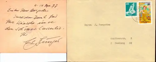 Jünger, Ernst (1895-1998) Schriftsteller, Insektenkundler: Herzlichen Dank für Ihre Wünsche und den schönen Curculio [Rüsselkäfer]. Eigenhändige Zeilen mit Unterschrift, dat. W. 14. Apr. 77. 