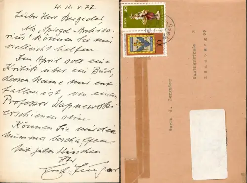 Jünger, Ernst (1895-1998) Schriftsteller, Insektenkundler: Eigenhändiges Schreiben mit Unterschrift. Datiert W. 12.V.77. 