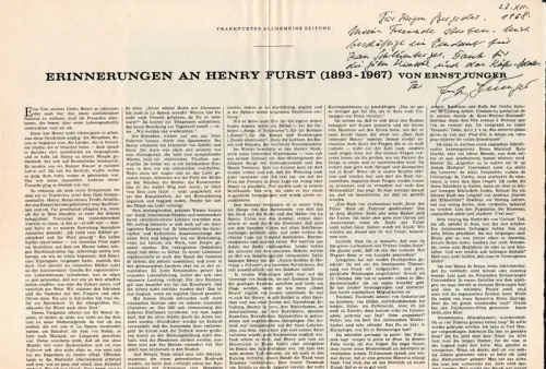 Erinnerungen an Henry Furst (1893-1967). Zeitungsbeitrag. Frankfurter Allgemeine Zeitung, Nr. 214, 14. September 1968, Jünger, Ernst (1895-1998) Schriftsteller, Insektenkundler