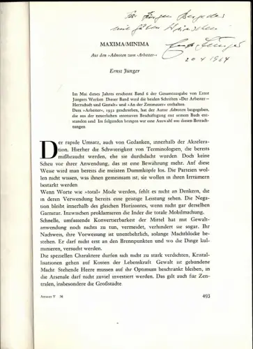 Jünger, Ernst (1895-1998) Schriftsteller, Insektenkundler: Maxima/Minima. Aus den Adnoten zum "Arbeiter". 
