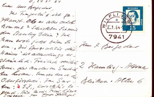 Eigenhändige Fotopostkarte mit Unterschrift. Datiert W., 24.XI.64, Jünger, Ernst (1895-1998), dt. Schriftsteller u. Entomologe