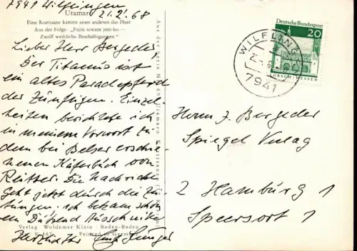 Eigenhändige Kunstpostkarte mit Unterschrift. Datiert 7941 Wilflingen, 21.2.68, Jünger, Ernst (1895-1998), dt. Schriftsteller u. Entomologe