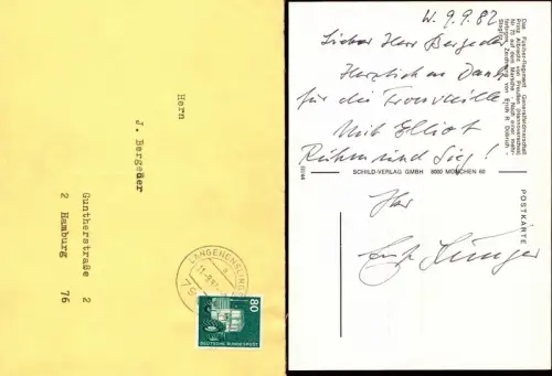 Jünger, Ernst (1895-1998), dt. Schriftsteller u. Entomologe: Eigenhändige Kunstpostkarte mit Unterschrift. Datiert W. 9.9.82. 