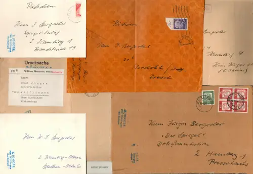 Konvolut von 8 Umschlagfragmenten, versandt von Ernst Jünger in den 1960er Jahren. 7 eigenh. adressiert, 6 frankiert/gestempelt, Jünger, Ernst (1895-1998), dt. Schriftsteller u. Entomologe