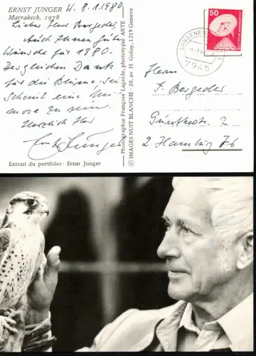 Jünger, Ernst (1895-1998), dt. Schriftsteller u. Entomologe: Eigenh. Portrait-Postkarte, signiert. Schwarz-Weiß-Postkarte, datiert W. 8.1.1980. 