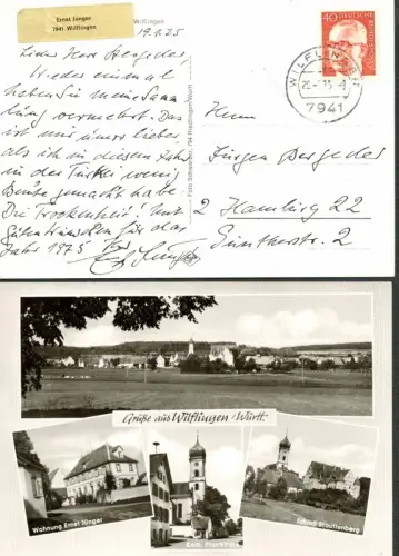 Eigenhändige Postkarte mit Unterschrift. Schwarz-Weiß-Ansichtskarte Wilflingen, dat. 19.1.75, Jünger, Ernst (1895-1998), dt. Schriftsteller u. Entomologe