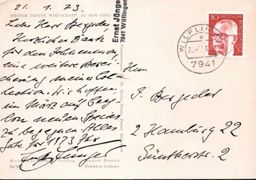 Jünger, Ernst (1895-1998), dt. Schriftsteller u. Entomologe: Eigenhändige Kunstpostkarte mit Unterschrift. Datiert 21.1.1973. 