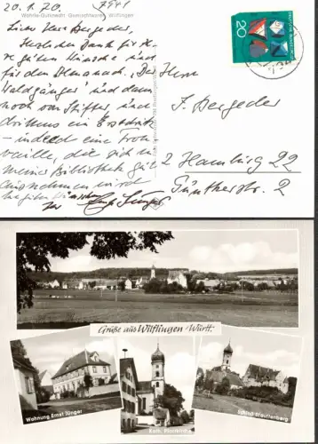 Eigenhändige Postkarte mit Unterschrift. Schwarz-Weiß-Ansichtskarte Wilflingen, dat. 20.1.70, Jünger, Ernst (1895-1998), dt. Schriftsteller u. Entomologe