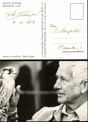 Jünger, Ernst (1895-1998), dt. Schriftsteller u. Entomologe: Portrait-Postkarte, signiert. Schwarz-Weiß-Postkarte, eigenhändig datiert und adressiert. 