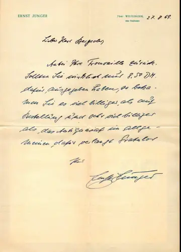 Jünger, Ernst (1895-1998), dt. Schriftsteller u. Entomologe: Eigenhänd. Brief mit Unterschrift. Datiert 27.8.69. 