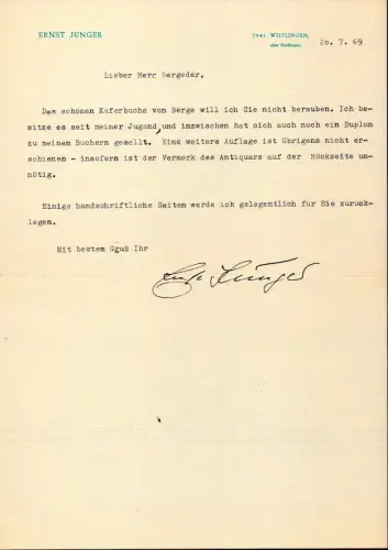 Jünger, Ernst (1895-1998), dt. Schriftsteller u. Entomologe: Maschinenschriftl. Brief mit eigenh. Unterschrift. Datiert 20.7.69. 