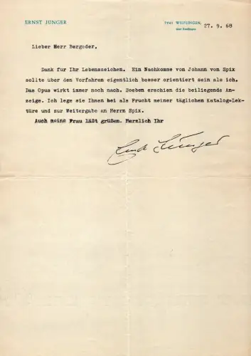 Jünger, Ernst (1895-1998), dt. Schriftsteller u. Entomologe: Maschinenschriftl. Brief mit eigenh. Unterschrift. Datiert 27.9.68. 