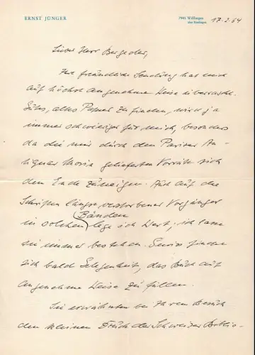 Jünger, Ernst (1895-1998), dt. Schriftsteller u. Entomologe: Eigenhänd. Brief mit Unterschrift. Datiert 17.2.64. 