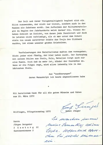 Jünger, Ernst (1895-1998), dt. Schriftsteller u. Entomologe: Maschinenschriftl. Brief mit eigenh. Unterschrift und hs. Vermerk. Wilflingen, Pfingstsonntag 1970. 