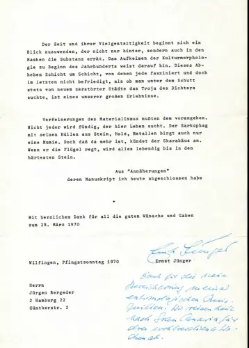 Jünger, Ernst (1895-1998), dt. Schriftsteller u. Entomologe: Maschinenschriftl. Brief mit eigenh. Unterschrift und hs. Vermerk. Wilflingen, Pfingstsonntag 1970. 