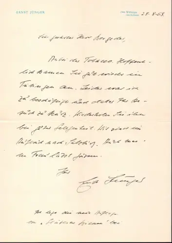 Jünger, Ernst (1895-1998), dt. Schriftsteller u. Entomologe: Eigenhänd. Brief mit Unterschrift. Datiert 28.8.63. 
