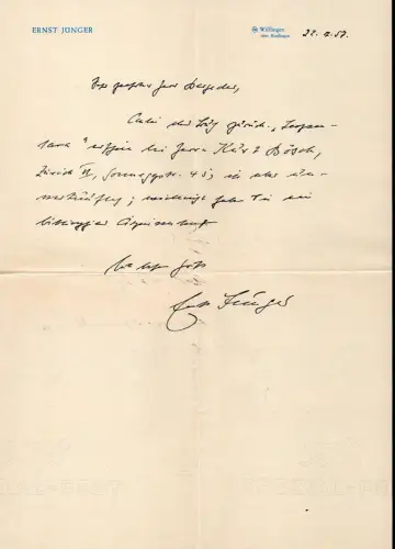 Jünger, Ernst (1895-1998), dt. Schriftsteller u. Entomologe: Eigenhänd. Brief mit Unterschrift. Datiert 22.7.57. 
