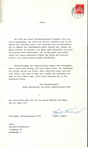 Jünger, Ernst (1895-1998), dt. Schriftsteller u. Entomologe: Maschinenschriftl. Brief mit eigenh. Unterschrift. Wilflingen, Pfingstsonntag 1970. 
