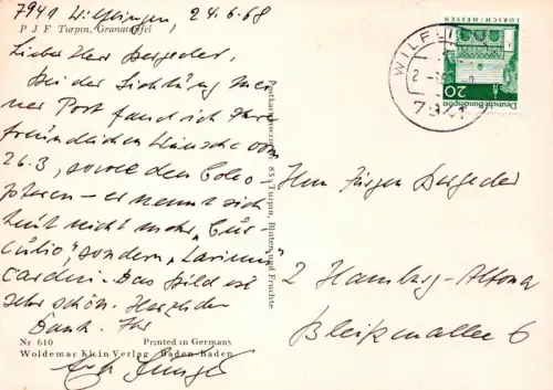Eigenhändige Kunstpostkarte mit Unterschrift. Datiert 7941 Wilflingen, 24.6.68, Jünger, Ernst (1895-1998), dt. Schriftsteller u. Entomologe