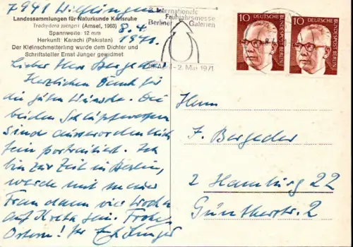 Jünger, Ernst (1895-1998), dt. Schriftsteller u. Entomologe: Eigenhändige Kunstpostkarte mit Unterschrift. Datiert 7941 Wilflingen, 8. 4. 1971. 