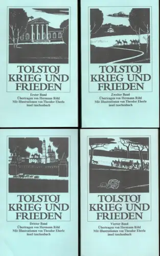 Tolstoi, Leo N. [Tolstoj, Lev Nikolaevic]: Krieg und Frieden. Ein Roman in vier Bänden. Aus d. Russ. von Hermann Röhl. Übertr. d. 2. Teils d. Epilogs von Wolfgang Kasack. Mit Ill. von Theodor Ebe. (1. Aufl.). 4 Bde. (= komplett). 