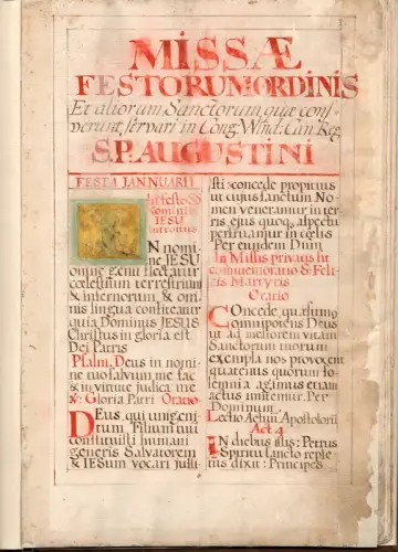 Handschrift des 18. Jahrhunderts: Missae Festorum Ordinis S. P. Augustini. Et aliorum Sanctorum, quae consverunt servari in Cong. Wind. [Congregation von Windesheim] Can. Reg. [Canonici Regulares]. 