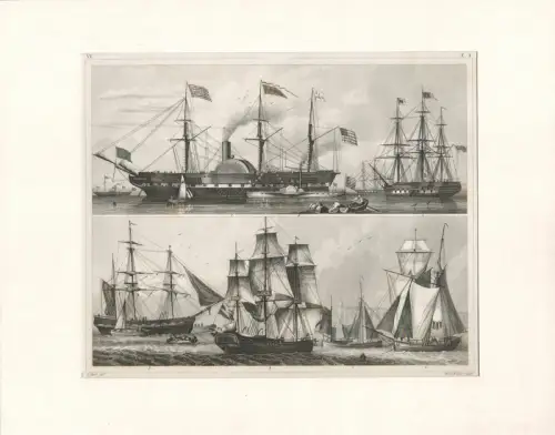 Heck, Johann Georg: Segelschiffstypen. Stahlstich, gestochen von Henry Winkles. 