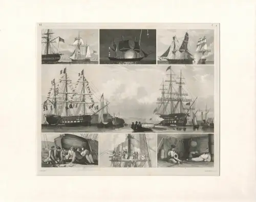 Heck, Johann Georg: Segelschiffstypen. Stahlstich, gestochen von Henry Winkles. 