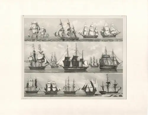 Heck, Johann Georg: Segelschiffstypen. Stahlstich, gestochen von Henry Winkles. 