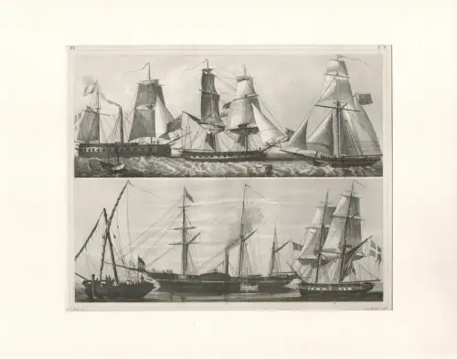 Heck, Johann Georg: Segelschiffstypen. Stahlstich, gestochen von Henry Winkles. 