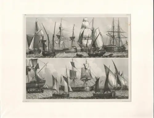 Heck, Johann Georg: Segelschiffstypen. Stahlstich, gestochen von Henry Winkles. 