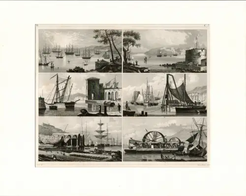 Heck, Johann Georg: Segelschiffstypen. Stahlstich, gestochen von Henry Winkles. 