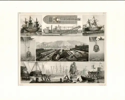 Heck, Johann Georg: Maritime Hafenszenen. Stahlstich, gestochen von Henry Winkles. 