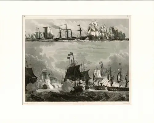 Kriegsschiffe unter Segel. Stahlstich, gestochen von Henry Winkles, Heck, Johann Georg