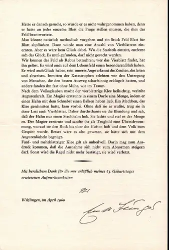 Jünger, Ernst (1895-1998) Schriftsteller, Insektenkundler: Vierblätter. [Einblattdruck]. 