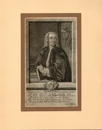 PORTRAIT Johann Matthias Gesner. Hüftbild im Dreiviertelprofil, mit kl. Wappenkartusche u. lateinischem Text von J.M. Gasser unter dem Bildnis. Kupferstich nach Gottfried August Gründler