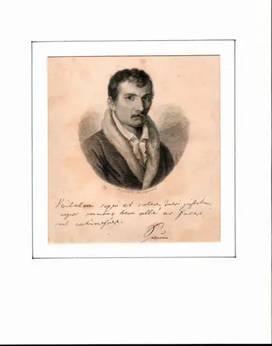 PORTRAIT Johann Gottfried Seume. Brustbild im Dreiviertelprofil, nach rechts blickend, mit faksimilierten Zitat und Unterschrift darunter. Stahlstick von Schwerdtgeburth nach Schnorr von Karolsfeld