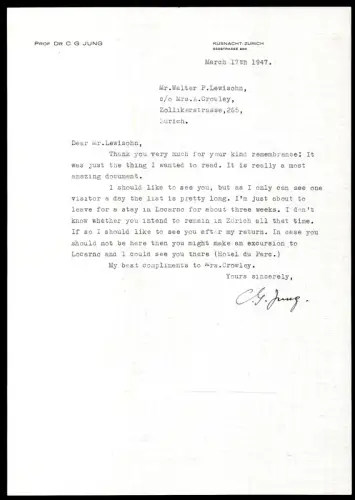 Jung, C. G. [Carl Gustav], Schweizer Psychiater, Begründer d. analytischen Psychiologie (1875-1961): Maschinengeschriebener Brief mit eigenhändiger Unterschrift "C. G. Jung". 