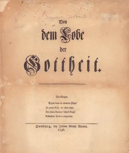 Von dem Lobe der Gottheit. [Ode], [Naumann, Christian Nicolaus]