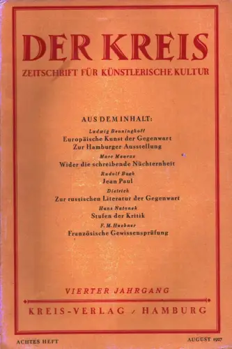 Der Kreis. Zeitschrift für künstlerische Kultur. JG 4, HEFT 8 | August 1927. (Hrsg. von Ludwig Benninghoff u. Wilhelm Postulart)