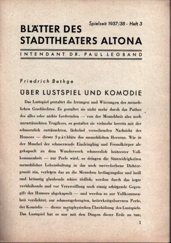 Blätter des Stadttheaters Altona. Spielzeit 1937/38, Heft 3. Intendant Dr. Paul Legband