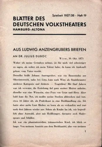 Blätter des Stadttheaters Altona. Spielzeit 1937/38, Heft 19. [Intendant Dr. Paul Legband]