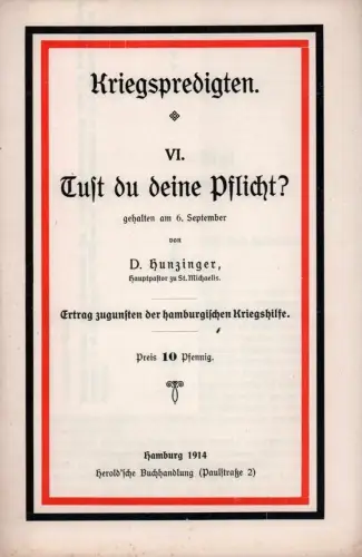 Hunzinger, (August Wilhelm): Tust du deine Pflicht?. [Predigt]. Gehalten am 6. September. 
