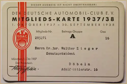 Orig. Mitglieds-Karte 1937/38 Deutscher Automobil-Club e.V. Auto Verkehr sf