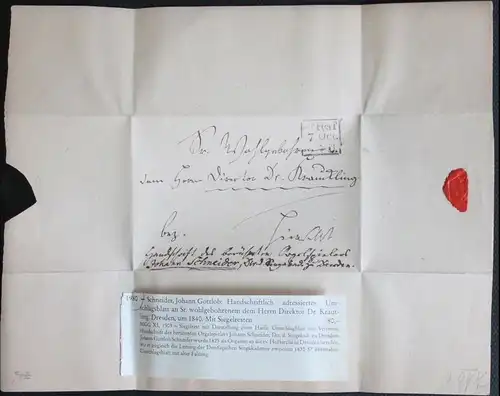 Autograph Handschrift Briefumschlagblatt von Johann Gottlob Schneider um 1840