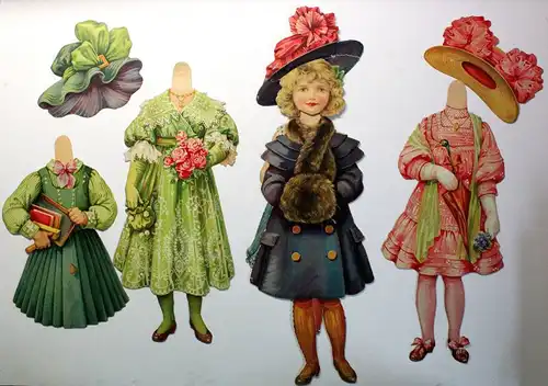 Riesengroße Papier Anziehpuppe Ankleidepuppe Mädchen Kleider & Hüte um 1900 sf