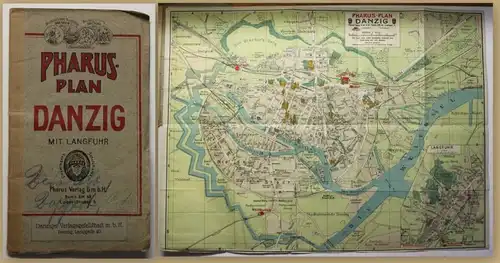 Pharus-Plan Danzig um 1920 Landkarte Stadtplan 1:8315 Polen Geografie sf
