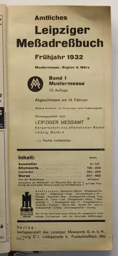 Stadt Leipzig Amtliches Leipziger Mess-Adress-Buch Bd 1 Mustermesse 1932 sf